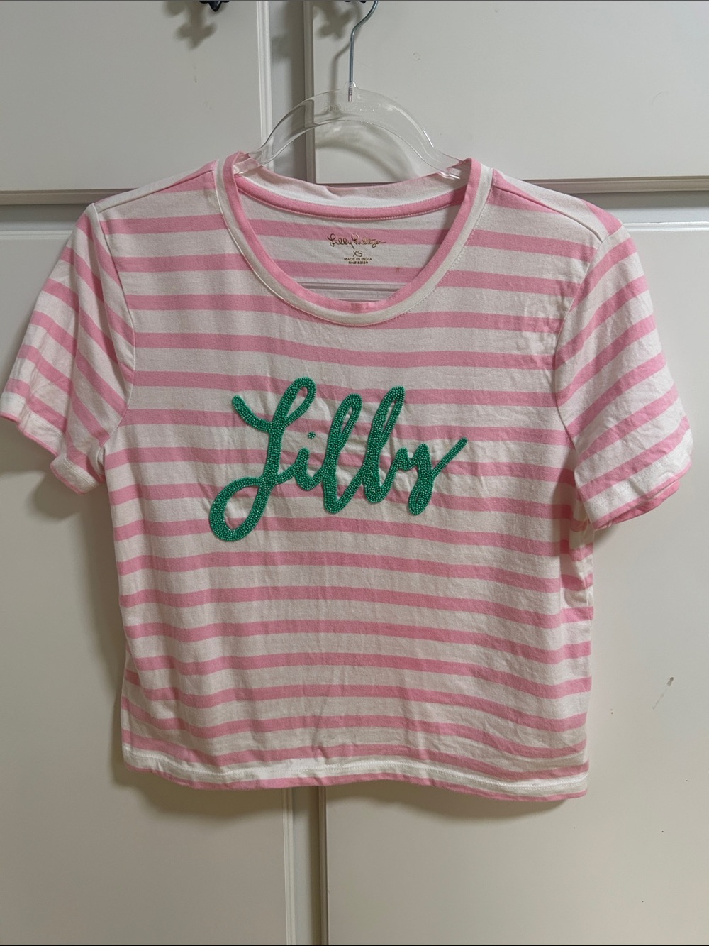 Lilly Pulitzer Pink & White Striped Beaded Logo Crop Tee XS